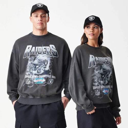 Las Vegas Raiders NFL Washed Boxy Dark Grey Oversized Crew Neck Sweater