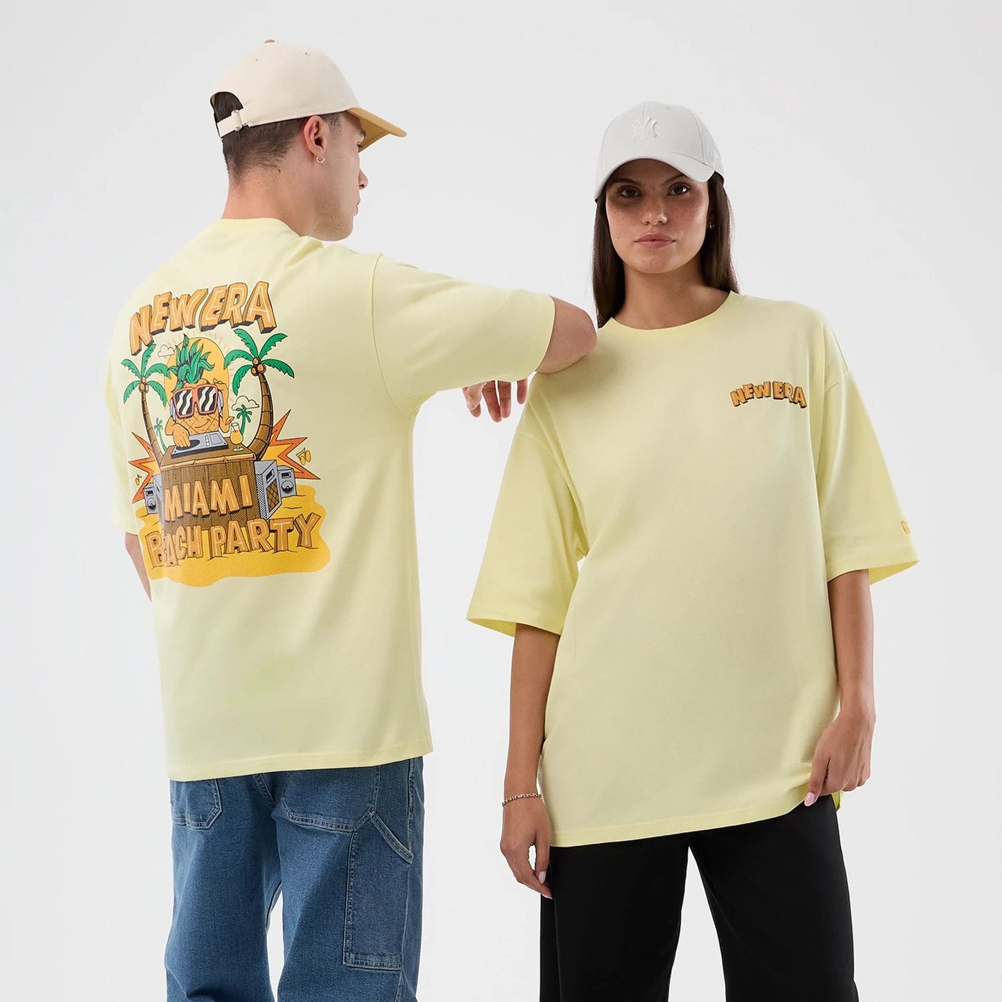 NEW ERA Fun Beach Party Graphic Pastel Yellow Oversized T-Shirt